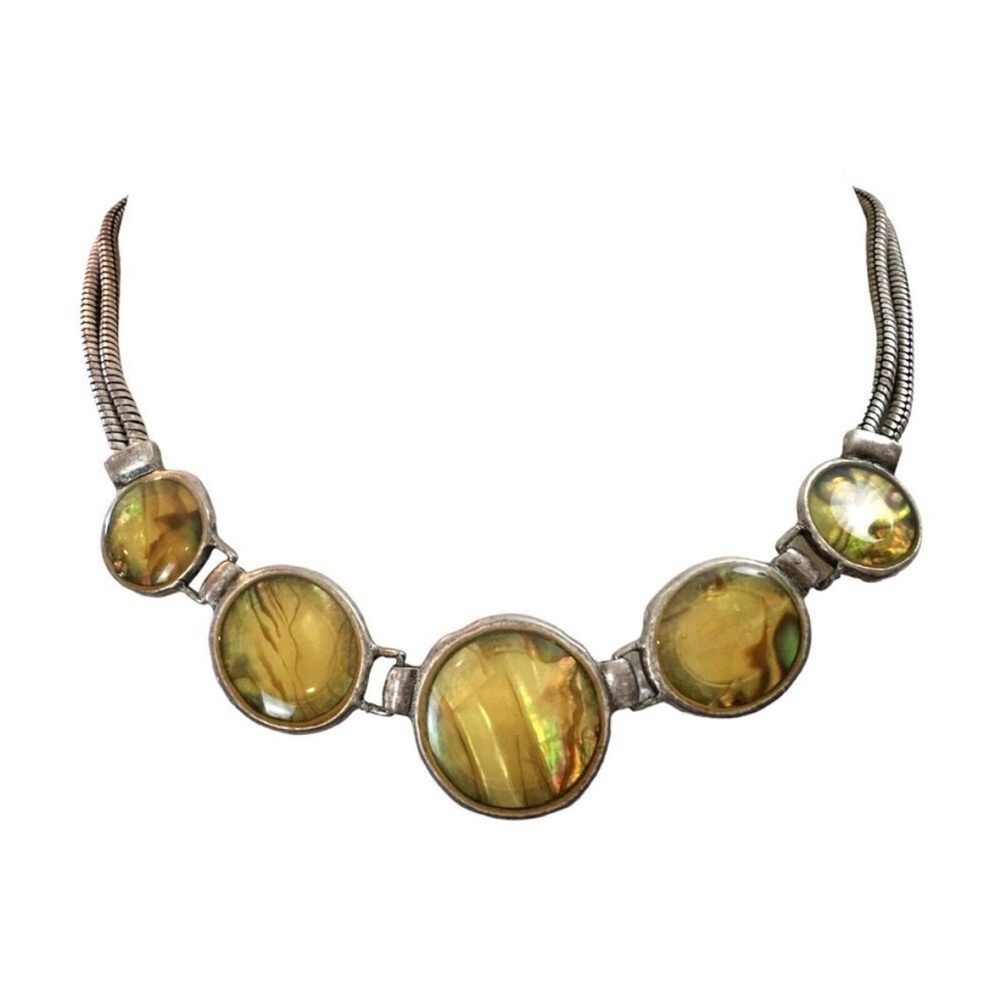 Tint Abalone Shell Resin Silver Tone Snake Chain 18in Choker Necklace VTG Signed